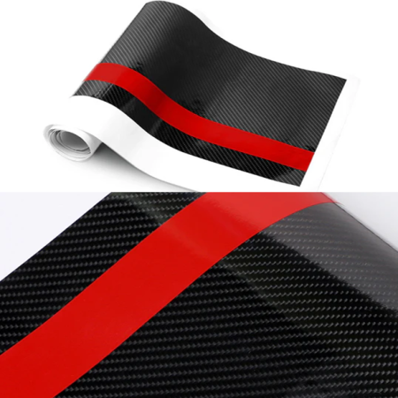 Sticker auto Rally Stripe Carbon 3D, 140x17 cm, Negru Rosu, banda decorativa tuning exterior masina, folie autoadeziva Oracal