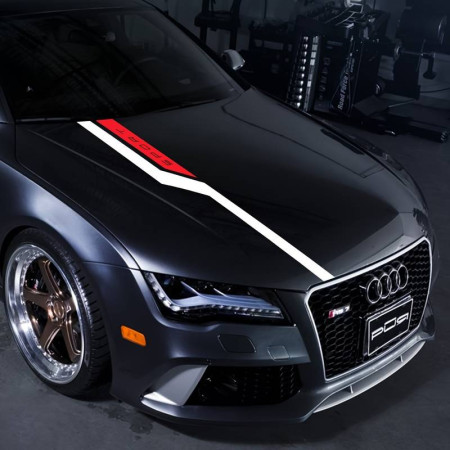 Sticker auto decorativ capota Hood Stripes V3, 130 x 10 cm, Rosu si Negru, folie Oracal autoadeziva pentru tuning exterior