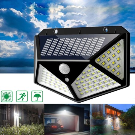 Lampă Solară LED de Exterior, 100 LED, cu Senzor de Mișcare și Senzor Crepuscular, 3 Moduri, Flux 700LM, IP65, Montaj Perete, Neagră
