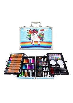 Set 145 piese pentru pictura, pentru copii sau adulti, pixuri de colorat, creioane colorate si vopsele de pictura, cu geanta de transport ALBASTRU UNICORN, model AVX-WT-RENOIR145