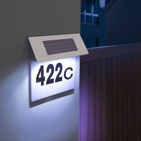 Placă Număr Casă Iluminată LED, Cu Încărcare Solară, Carcasă Inox, 4 LED-uri Albe, Autocolante Incluse