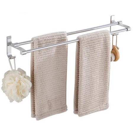 Suport din aluminiu pentru 2 prosoape + 2 cuiere, lungime 60 cm, culoare Argintiu