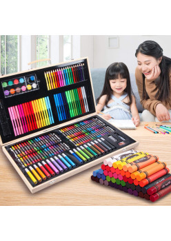 Set 180 piese pentru desen pentru copii sau adulti, creioane colorate, vopsele si markere, cu geanta de transport din LEMN MASIV, model AVX-WT-ART-10