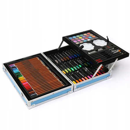 Set 145 piese pentru pictura, pentru copii sau adulti, pixuri de colorat, creioane colorate si vopsele de pictura, cu geanta de transport ALBASTRU DINOZAUR, model AVX-WT-DINART145
