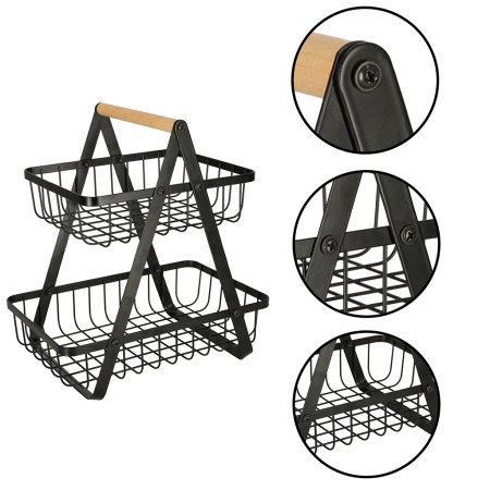 Cos Fructe 2 Etaje Pliabil, Negru, Lemn si Metal, Cu Maner, Design Modern