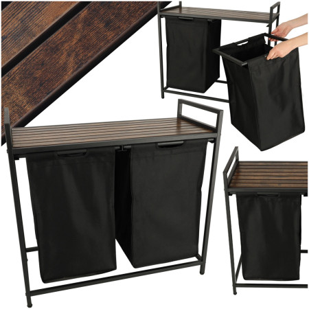 Cos Rufe Mare cu Doua Compartimente, Raft si Blat din Lemn, Cadru Metalic, Negru, 74x68x33.5 cm