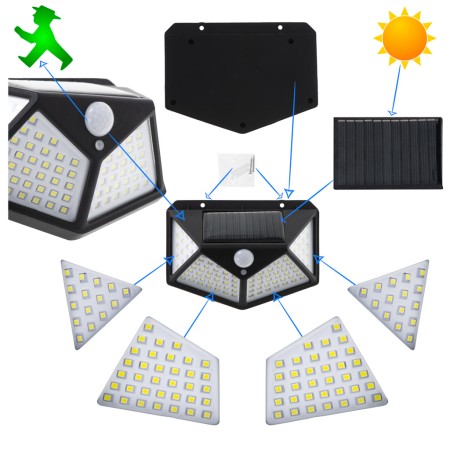 Lampă Solară LED de Exterior, 100 LED, cu Senzor de Mișcare și Senzor Crepuscular, 3 Moduri, Flux 700LM, IP65, Montaj Perete, Neagră