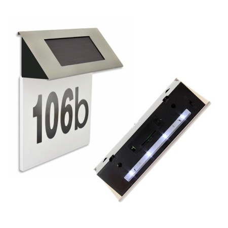 Placă Număr Casă Iluminată LED, Cu Încărcare Solară, Carcasă Inox, 4 LED-uri Albe, Autocolante Incluse