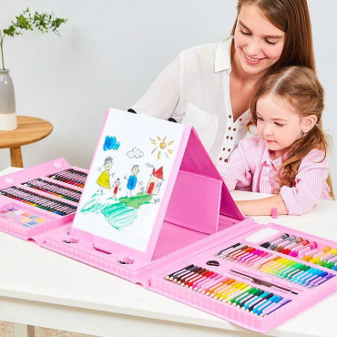 Set 208 piese pentru pictura, pentru copii sau adulti, pixuri de colorat, creioane colorate si vopsele de pictura, cu cutie de depozitare, model AVX-WT-KIDDO-03