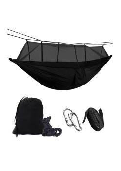 Hamac turistic din nylon cu plasa de tantari, culoare neagra, dimensiuni 260 cm x 140 cm