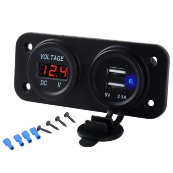 Panou Electric Suplimentar Impermeabil 12-24V – 2 x USB si Voltmetru, Montaj Auto/Moto/ATV