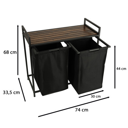 Cos Rufe Mare cu Doua Compartimente, Raft si Blat din Lemn, Cadru Metalic, Negru, 74x68x33.5 cm