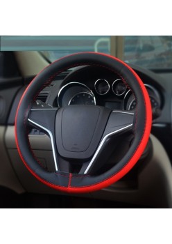Husa volan din PIELE NATURALA NEAGRA CU DUNGA ROSIE, pentru autoturisme, diametru 37 - 39 cm, cu ac si ata (se coase, aspect ORIGINAL)