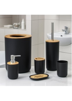 Set Elegant pentru baie format din 6 piese, ABS + lemn, culoare negru/maro