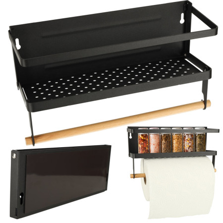 Raft Magnetic 2in1 pentru Frigider, Condimente si Prosop Hartie, Metal si Lemn, 30 cm