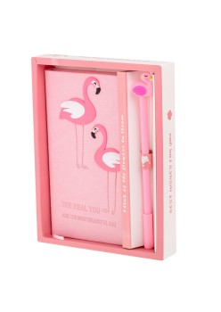 Set Cadou pentru Copii, Caiet cu Flamingo finisat cu piele ecologica + Pix cu Flamingo