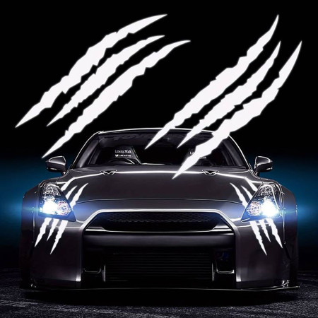 Stickere auto Monster Scratches, set 2 bucati, alb, 37x9 cm, folie Oracal, tuning exterior masina, autoadezive rezistente