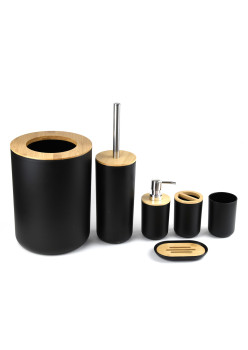 Set baie din 6 piese Elegant, ABS + lemn, negru/maro