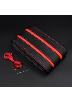 Husa volan din PIELE NATURALA CU DOUA DUNGI ROSII, pentru autoturisme, diametru 37 - 39 cm, cu ac si ata (se coase, aspect ORIGINAL)