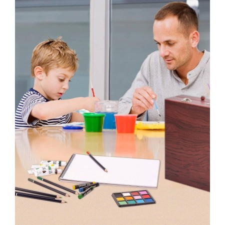 Set 142 piese pentru pictura, pentru copii sau adulti, pixuri de colorat, creioane colorate si vopsele de pictura, cu geanta de transport din LEMN MASIV, model AVX-WT-INGRES142