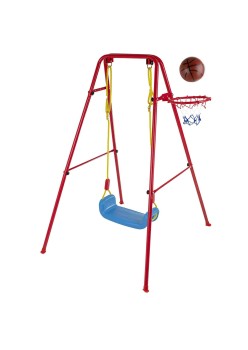 Set de gradina 3in1 pentru copii, Leagan + Cos de Baschet + Minge, cadru metalic, culoare Rosu