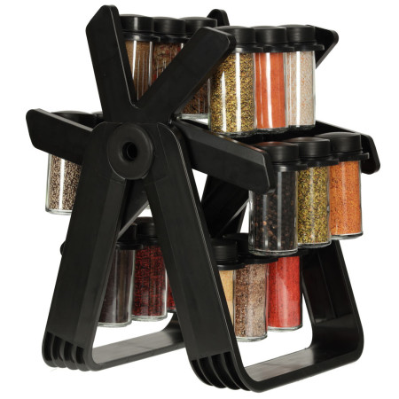 Organizator Condimente cu 18 Borcane si Suport Rotativ, Negru Mat, Sticla + Plastic, 34.5x26x22.5 cm