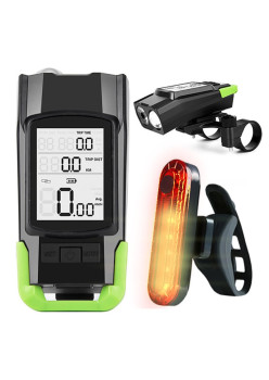 Ciclocomputer bicicleta Wireless cu Lumini LED fata-spate si Claxon, waterproof, Display LCD, Baterie 4000 mAh, Cronometru, Indicator baterie, Vitezometru, Contor ardere calorii si grasimi, Ceas 12 h/24 h, 6 module de iluminat, Negru