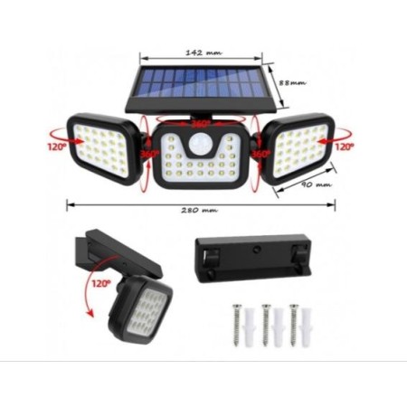 Lampă Solară LED TRIO cu Senzor de Mișcare și Senzor Crepuscular, 171 COB LED, Panou Solar Detașabil, 3 Moduri Iluminare, IP65, 2400mAh, Alb Rece