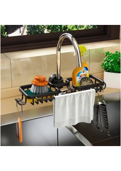 Raft organizator dublu, universal pentru bucatarie sau baie, montaj pe robinet, material otel, culoare Neagra