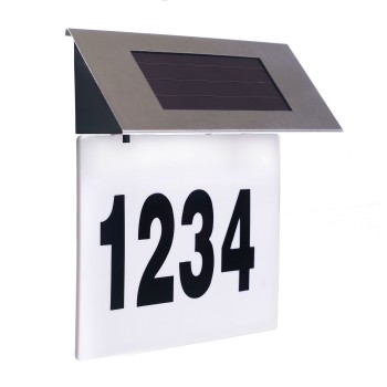 Placă Număr Casă Iluminată LED, Cu Încărcare Solară, Carcasă Inox, 4 LED-uri Albe, Autocolante Incluse