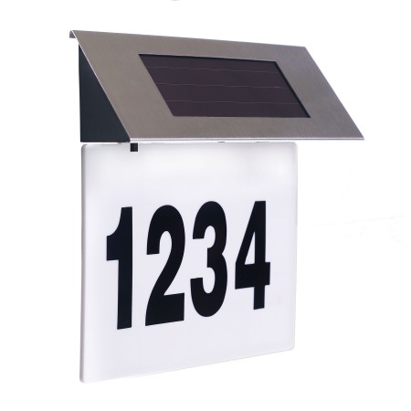 Placă Număr Casă Iluminată LED, Cu Încărcare Solară, Carcasă Inox, 4 LED-uri Albe, Autocolante Incluse