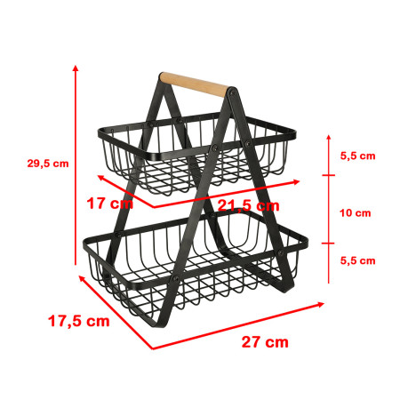 Cos Fructe 2 Etaje Pliabil, Negru, Lemn si Metal, Cu Maner, Design Modern