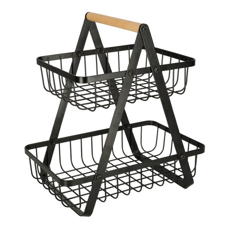Cos Fructe 2 Etaje Pliabil, Negru, Lemn si Metal, Cu Maner, Design Modern