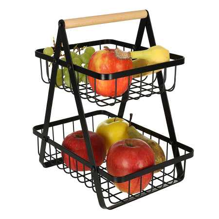 Cos Fructe 2 Etaje Pliabil, Negru, Lemn si Metal, Cu Maner, Design Modern