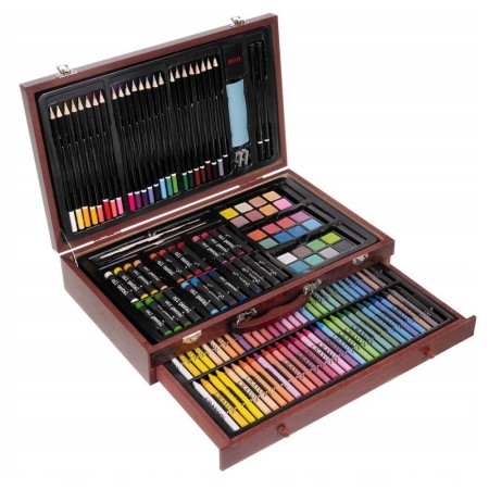 Set 142 piese pentru pictura, pentru copii sau adulti, pixuri de colorat, creioane colorate si vopsele de pictura, cu geanta de transport din LEMN MASIV, model AVX-WT-INGRES142