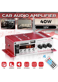 MINI amplificator auto, stereo, 12V, 40 W, radio FM, citire USB sau card SD, cu telecomanda