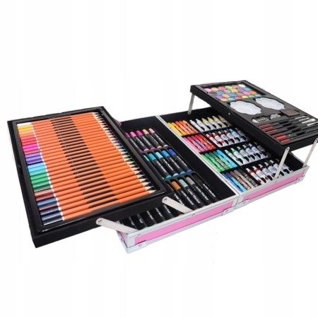 Set 145 piese pentru pictura, pentru copii sau adulti, pixuri de colorat, creioane colorate si vopsele de pictura, cu geanta de transport ROZ, model AVX-WT-BLAKE145