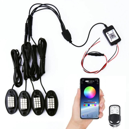 Lumini Ambientale Auto 4 buc RGB cu telecomanda si aplicatie telefon, destinate Off-Road, ATV, SSV 