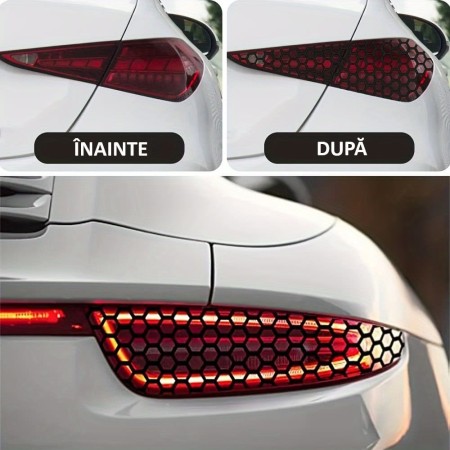 Set 2 Folii Autoadezive pentru Stopuri Auto, Model Honeycomb, Negru Mat, 2 x 48x30 cm, Oracal