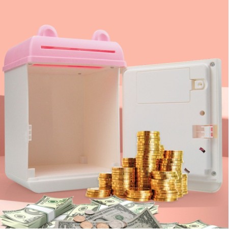 Pusculita pentru Fetite, Flippy, Pusculita pentru Economii PIGGY BOX, Pusculita Simpla cu Key Access, 17 x 11.5 x 10 cm, 400 gr, Alb Roz
