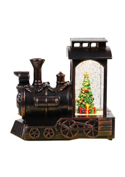 Decoratiune de Craciun tip Locomotiva, Flippy, Glob de Cristal cu Fulgi de Zapada, Model Pom de Craciun, Iluminare LED, 11.5 x 12.5 x 6 cm, Carcasa Vintage Bronze, Transparent