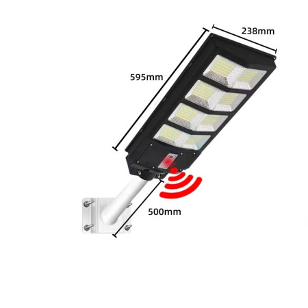 Lampa solara stradala Flippy, cu telecomanda, senzor de miscare si lumina, suport prindere, 180 LED-uri, IP65, ABS, 10AH, 200W, temperatura culoare 6500K, 59.5x23.8x6.8 cm, autonomie 10-12 ore, negru