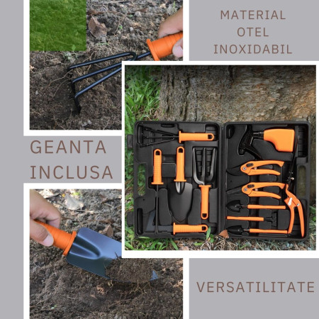 Set 12 Unelte Grădină cu Geantă de Depozitare, Accesorii din Oțel Inoxidabil, 37x27 cm, Mânere Portocalii