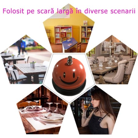 Clopotel Metalic Multifunctional, Flippy, Portocaliu cu Imprimeu Smiley Face, 7.5x7.5x6.5 cm, Receptie, Restaurant, Cafenele