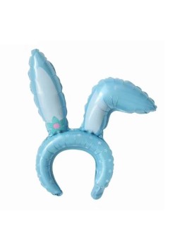 Balon din Folie Metalizata, Flippy, Tip Coronita cu Urechi, Model Iepure, Ambalaj Individual, Pai Inclus, Umflare cu Aer sau Heliu, 38 x 45 cm, Albastru