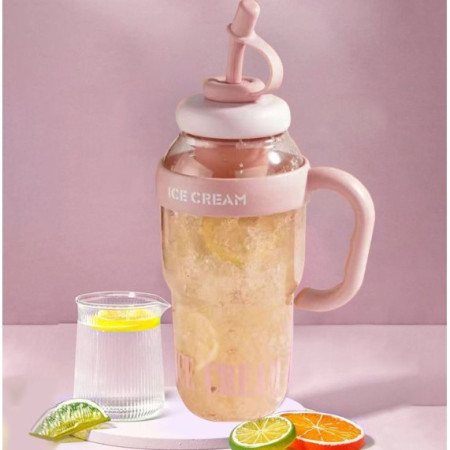 Sticla de Apa, Flippy, Termica, Mentinere 6 Ore, 1400 mL, cu Pai si Capac, PP si Silicon, cu Maner Alb, 25.5x7.5 cm, Roz Deschis