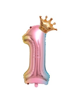 Balon din Folie Metalizata, Flippy, Figurina Cifra Gradient, Tema Aniversare 80 cm, Ambalaj Individual, Pai inclus, Umflare cu Aer sau Heliu, Coronita, Cifra 1