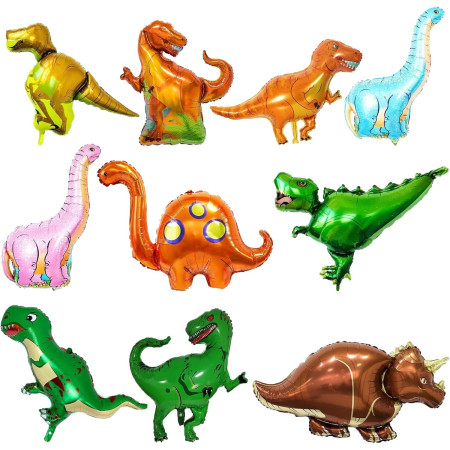 Balon din Folie Metalizata, Flippy, Mini Figurine Dinozauri, Model Velociraptor, Tematica Aniversare, 48x43 cm, Ambalaj Individual, Pai Inclus, Umflare cu Aer sau Heliu, Multicolor