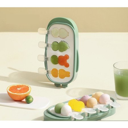 Forma pentru inghetata Flippy, 4 compartimente, forme cu animalute, materialsilicon si ABS, 21 x 12.8 x 3cm, verde