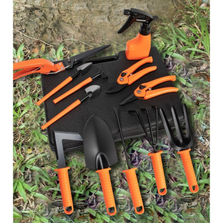 Set 12 Unelte Grădină cu Geantă de Depozitare, Accesorii din Oțel Inoxidabil, 37x27 cm, Mânere Portocalii